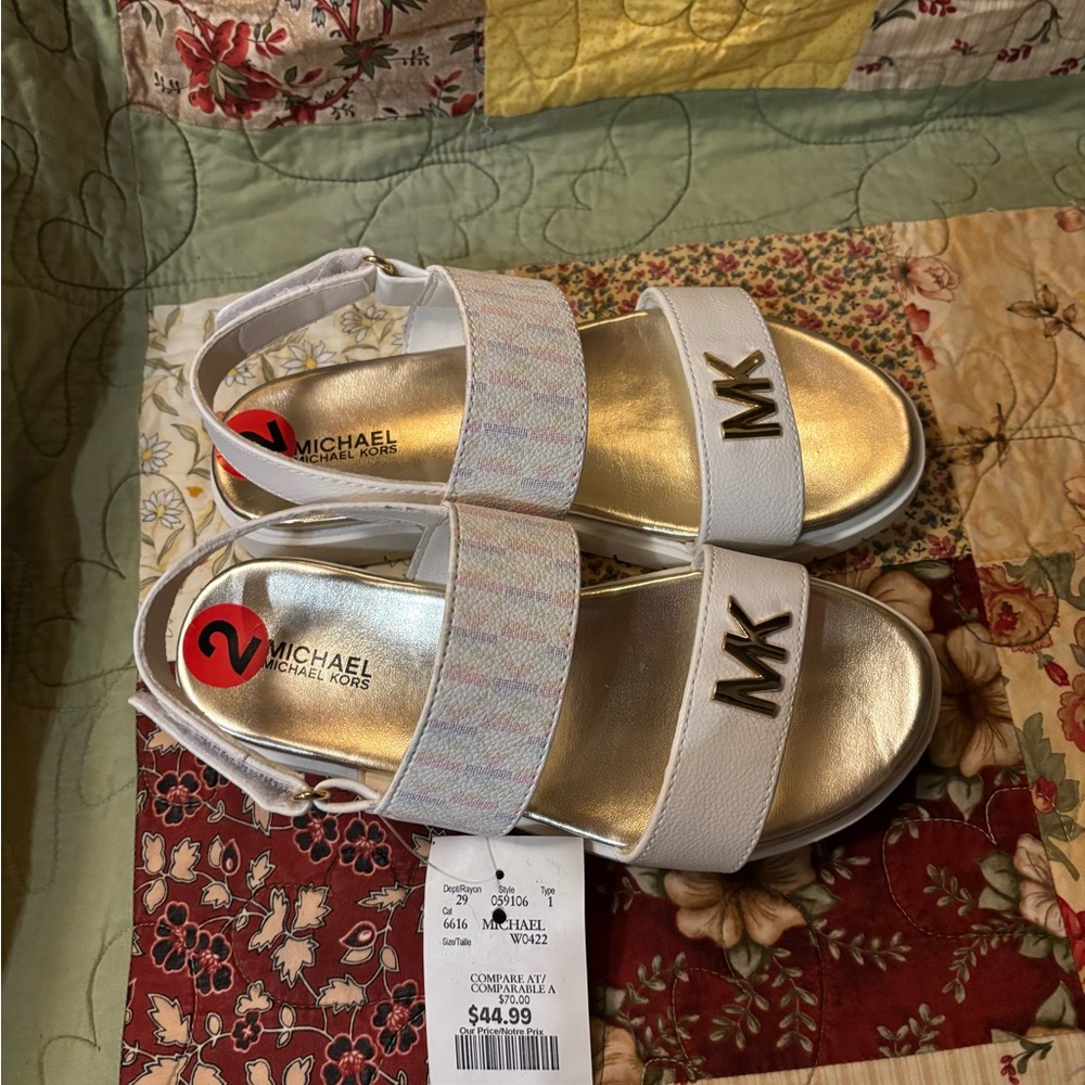 Michael Kors Girls White Sandals with Gold MK Logo and Pastel Strap - Picture 7 of 8
